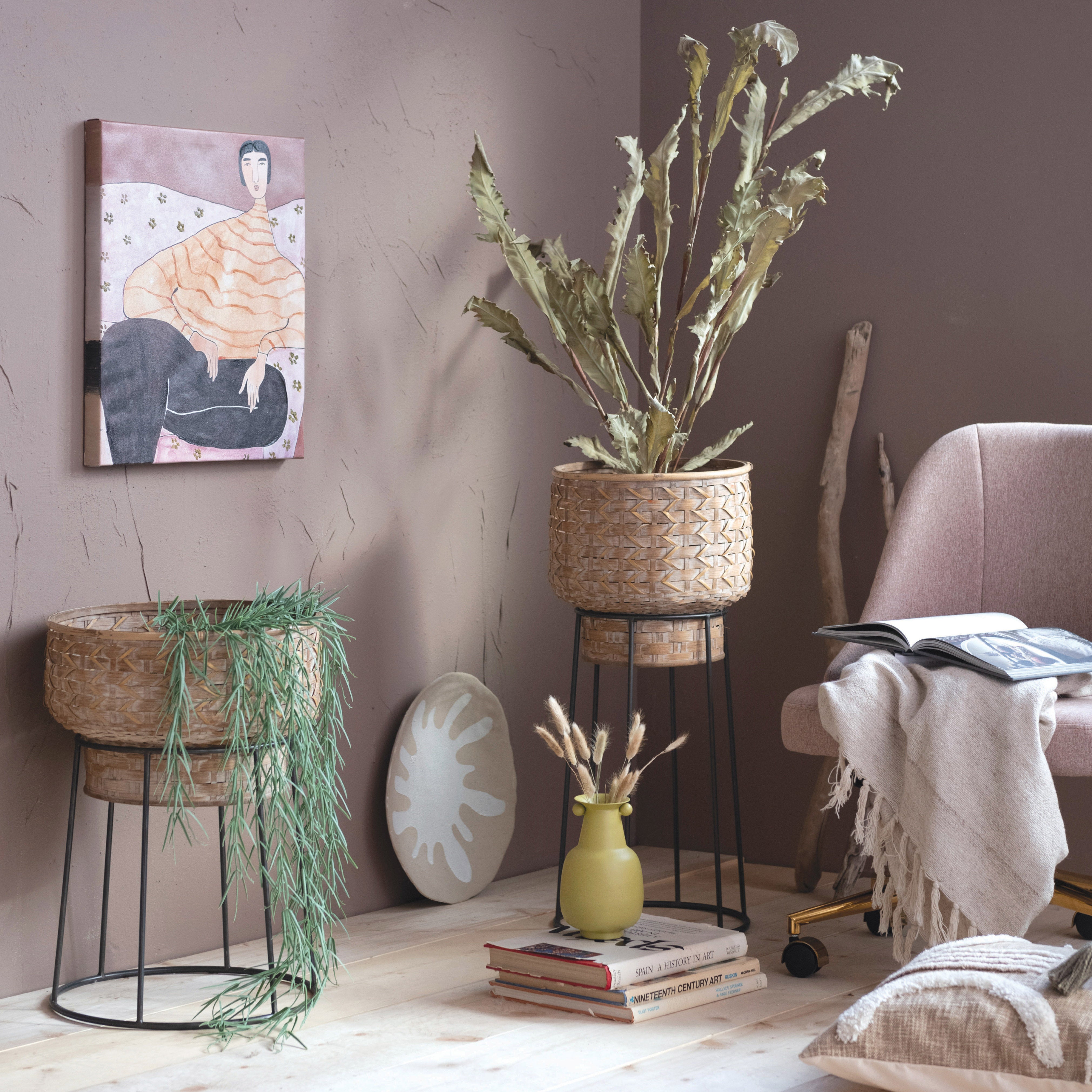 Hand Woven Rattan Planter with Metal Stand